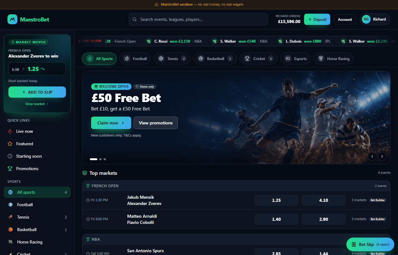 MaestroBet sportsbook lobby — Market Mover, hero carousel, featured events, betslip